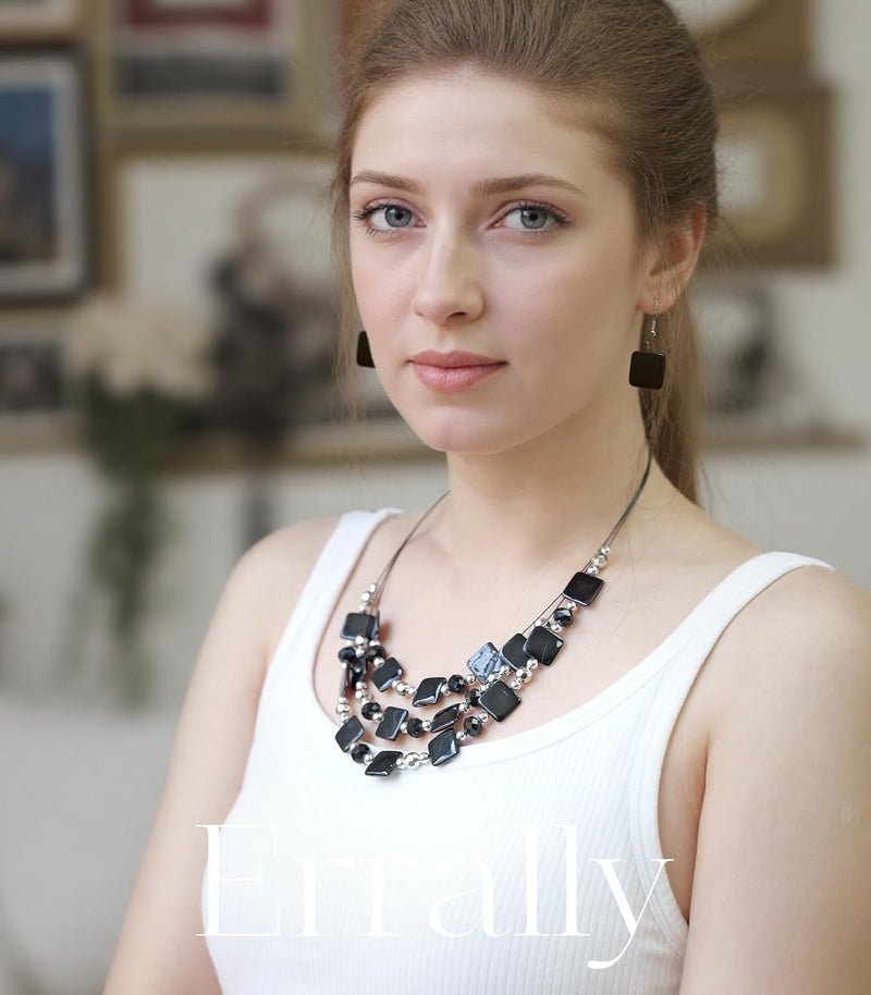 Errally Store Layered Beaded Statement Necklaces for Women Square Shell Bead Collar Necklace and Earring Set Birthday Gifts Boho Jewelry Sets for Women - Image 3